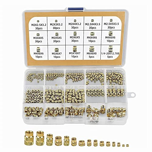 Dottall 300 unidades de tuercas roscadas de latón M2, M2.5, M3, M4, M5, M6, tuercas moleteadas con caja clasificadora para piezas de plástico en impresora 3D por calentamiento o ultrasonido