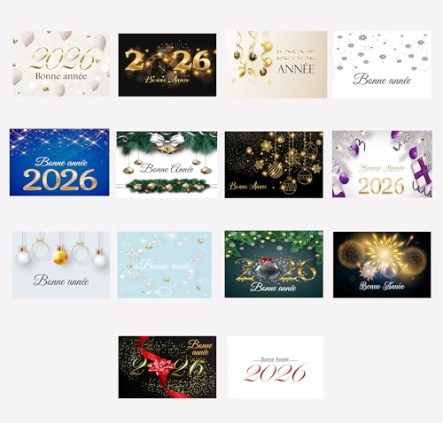 Cartes de vœux Bonne Année 2026 – Lot de 14 cartes avec enveloppes – Papier brillant 230g – Format 10x15 – Modèle simple ou double – En français (Nouvel an 2)