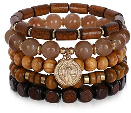 Bohemian Wood Beaded Bracelets for Women Natural Stone Boho Stretch Wooden Bracelet Set Religious Charm Multilayered Bead Strand Elastic Stackable Bracelets Handmade Jewelry Gifts for Men and Women