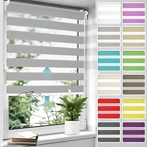 Allesin Doppelrollo schnurlos Klemmfix ohne Bohren Duo Rollos für Fenster, 40x120cm (Stoffbreite 40 cm) Grau, Drücken Und Ziehen Springrollos Klemmrollo Fenster, Rollo ohne Schnur
