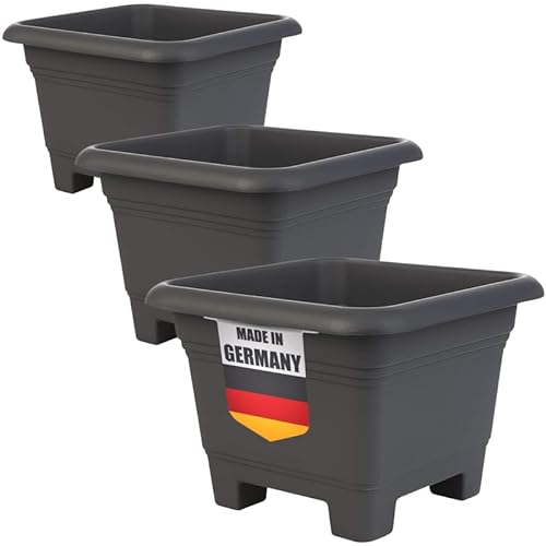2friends Lot de 3 grands pots de fleurs carrés pour l'extérieur - En anthracite - Résistant aux intempéries et au gel - Grand pot de fleurs pour jardin et terrasse - 38 x 38 x 28 cm