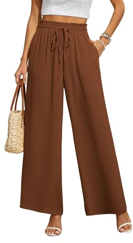 BEIGAI Pantalon ample à taille haute élastique pour femme, pantalon de détente, Palazzo élégant avec poches, café, XXL