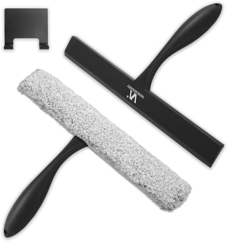 Escobilla de ducha para puertas de vidrio y kit de limpieza de microfibra de 11 pulgadas, herramientas de lavado de ventanas con mango antideslizante y gancho adhesivo