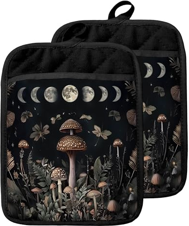 GOOZHO Enchanted Forest Witchy Moon Mushroom Pot Holders with Pockets, Cottagecore Mystical Butterfly Botanical Oven Pot Holders Heat Resistant Oven Mitts Hot Pads for Kitchen Baking Cooking