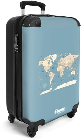 NoBoringSuitcases.com® Handgepäck Koffer 55x35x20 cm Trolley Carry on Handgepäckkoffer 4 Rollen Leicht Kabinentrolley Hartschalenkoffer Weltkarte - Ozean - Realistisch - Blau