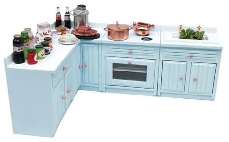 Ruarby Dettagliato 1/12 case delle bambole armadio da cucina modello in legno cucina piano cottura piano di lavoro stufa con porte funzionanti set in miniatura