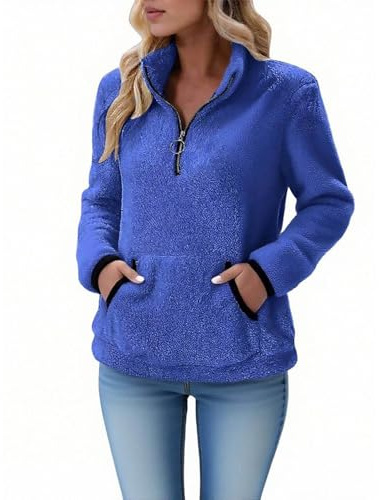 Saxrel Teddy Fleece Jumpers for Women UK Blue Ladies Thermal Sweatshirt Stand Collar Half Zip Tunic Tops Winter Warm Fuzzy Pullover Sweater Sherpa With Pockets Activewear Jumpers