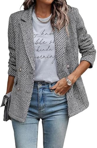 ticticlily Blazer Donna Elegante Lungo Giacca con Colletto con Revers e Doppiopetto Giacche da Ufficio Giubbotto Chic Casuale A Grigio XL