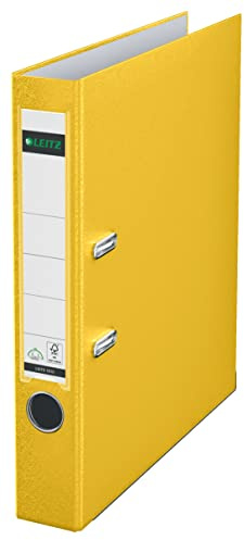 Leitz Qualitäts-Ordner 180° Plastik, das Original, DIN A4 Aktenordner 5 cm schmal, 90% Recycling-Karton, 30% Pre-Consumer Recycling-Kunststoff, Mit 180° Mechanik, 350 Blatt Kapazität, Gelb, 10155015