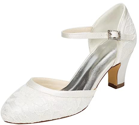 Emily Bridal Brautschuhe Damen Spitze Satin Stiletto Pumps Sandalen, 39 EU, Ivory