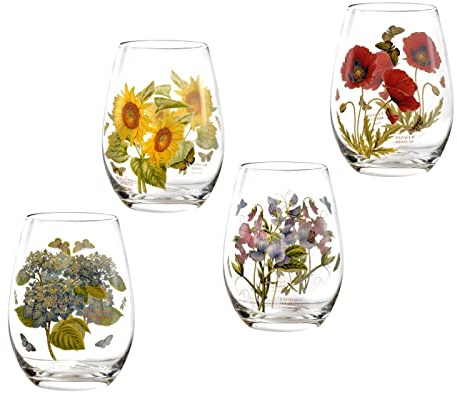 Portmeirion Botanic Garden 19oz Stemless Wine Glass (Set of 4) - Assorted Floral Motifs, Glassware for Entertaining - Elegant Drinkware for Weddings, Dinner Parties, Special Occasions, Casual Evenings