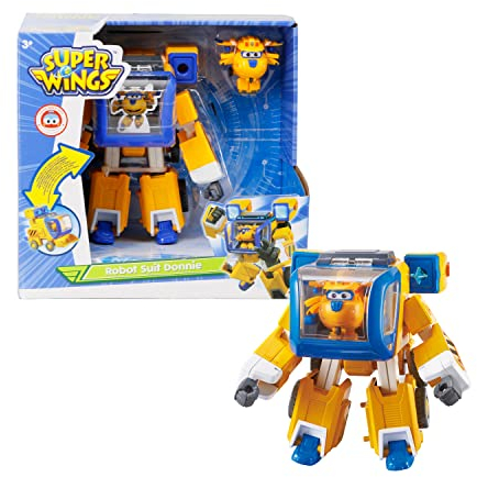 Super Wings EU750322 - Transformierender New Robot Suit Donnie, ca. 23 cm große Spiel-Figur für Kinder, verwandelbares Spielzeug-Flugzeug und Roboterfigur, Gelb