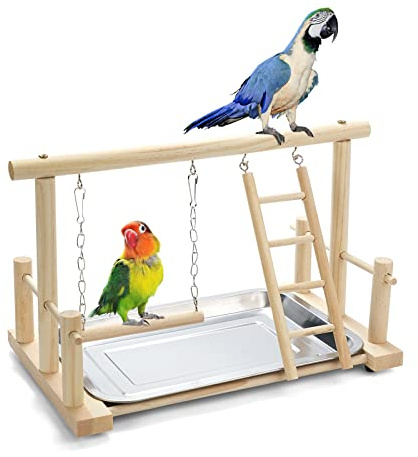 FrgKbTm Natural Wood Bird Playground Parrot Perch Playstand Play Gym Stand Playpen Perches Ladder Swing Platform with Toys Exercise Playgym for Luonfels,Budgie,Cockatiels,Conures,Parakeets,Lovebird
