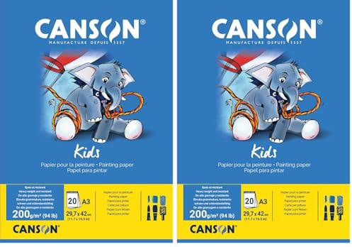 CANSON Kids Peinture - Bloc 20 feuilles A3 - Grain léger - 200g/m² - Blanc (Lot de 2)