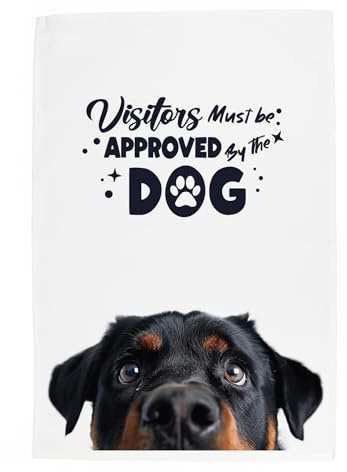 Purely Home Peeping Dog Tea Towel - Visitors Must Be Approved By The Dog - Rottweiler Gift Panama Cotton Kitchen Dish Towel/Drying Cloth - 67cm x 45cm