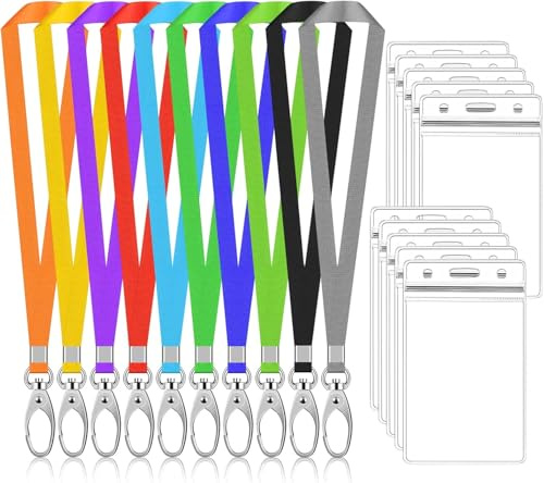 10 Sets Porta Tarjetas Colgante, 10 Pcs Porta Tarjetas Identificativas con 10 Pcs Correa de Cuello, Funda de Tarjeta con Cordón de Cuello, Impermeable Titular de Insignia para Oficina (Vertical)