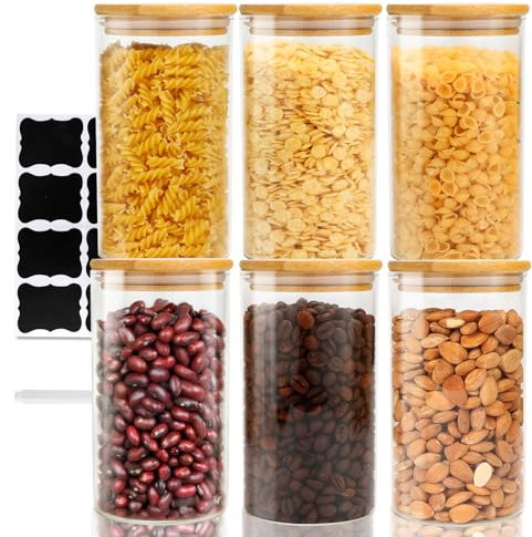 FoiiLiio Vorratsdosen Glas mit Holzdeckel 6er Set 750ML Vorratsgläser mit Deckel Rund Aufbewahrungsgläser Küche, Glasbehälter Luftdicht Set Vorratsbehälter Glas für Gewürze, Nuss, Körner, Aufbewahrung