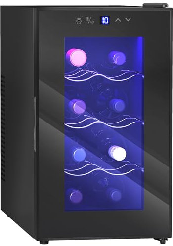 HOMCOM Mini Table Top Wine Fridge, 8 Bottle, 17L, 8-18℃, 26.5cm Quiet Under Counter Wine Cooler Fridge with Glass Door, LED Light, Digital Touch Screen, Temperature Control