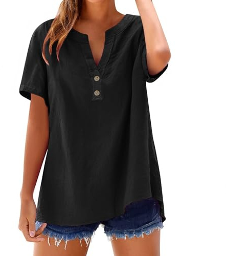 Camisetas Manga Corta Mujer De Algodon Y Lino con Botones Primavera Verano Moda Color Sólido Blusa Cuello En V Camiseta Casual Shirts Trabajo Fiesta Tops Elegante Cómoda Camisa Basica Top