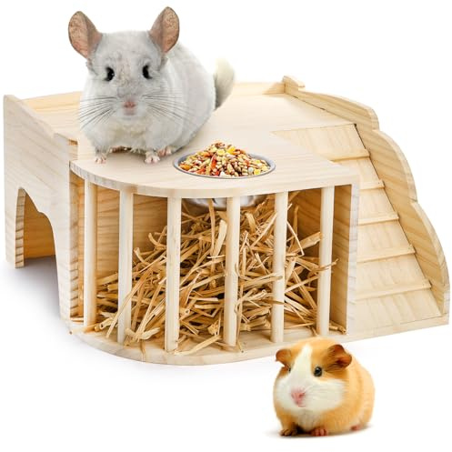 Coloch Wooden Guinea Pig Castle with Hay Feeder, Large Chinchilla Hideout with Feeding Bowl&Ladder Multi-Chamber Guinea Pig House for Guinea Pigs, Chinchillas, Hedgehogs