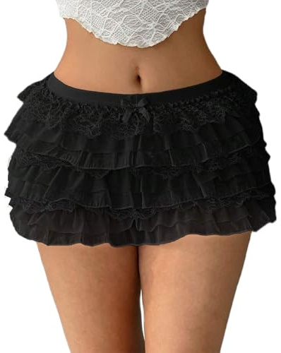 WangsCanis Women Y2k Lace Layered Mini Skirt Low Rise Ruffle Short Tiered Skirt Cute Aline Multi Layer Cake Skirts (Black, S)