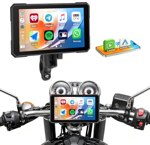 SIXWIN Pantalla Moto 5 Pulgadas con CarPlay/Android Auto Inalámbrico, Navegador GPS, IP68 Antiaqua, Soporte Universal Ajustable, Compatible con Monitoreo de Presión, Pantalla HD para Motocicleta