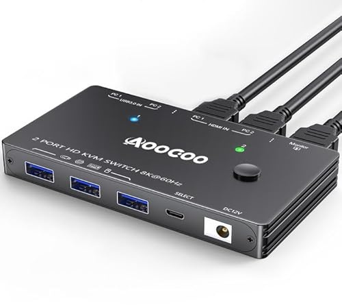 KVM Switch HDMI2.1 8K@60Hz, HDMI2.1 KVM Switch per 2 computer che condividono monitor e dispositivi USB 3.0, telecomando via cavo e cavo USB inclusi