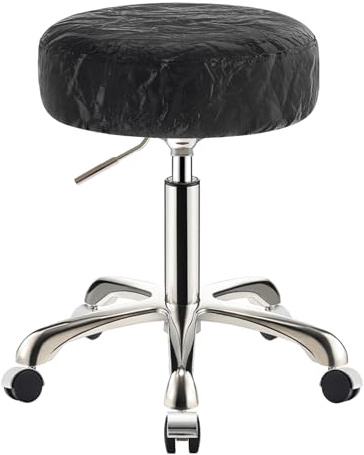 SCGSJZH Tabouret roulettes, Réglable en Hauteur de 45 à 58 cm, Rond Roulant Chaise de Maquillage en Motif Glacier PU Cuir, Pivotant Tabouret pour Esthetique et Coiffeur (Argent + Noir, sans Dossier)