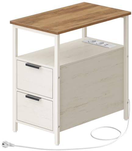VASAGLE Beistelltisch, Nachttisch mit Steckdosenleiste, 2 Schubladen | Sofatisch, Nachtschrank für Wohnzimmer, Schlafzimmer, Vintageweiß und Honigbraun, Barnet Kollektion LET325W101
