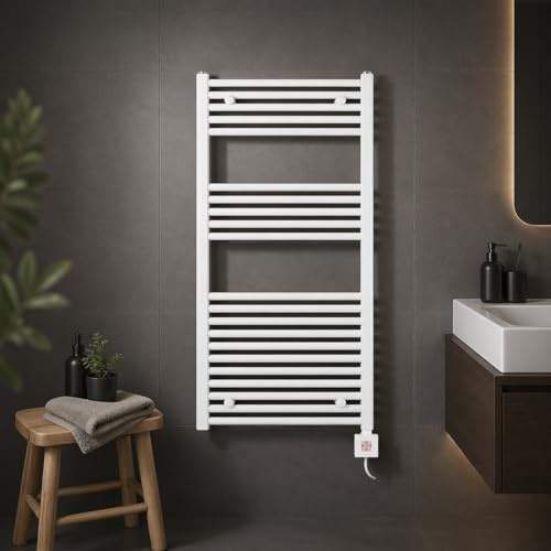 anapont Elektrischer Badheizkörper 1175 x 600 mm | 600 W Handtuchheizkörper elektrisch mit Thermostat | 2h-Timer & 5 Heizstufen | Handtuchtrockner | Made in Germany