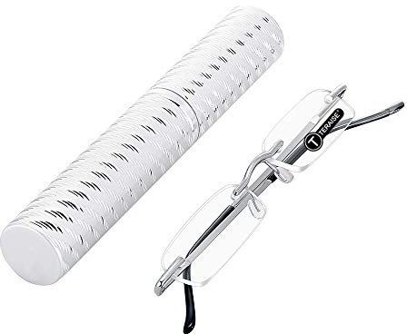 TERAISE Upgrade Lightweight Reading Glasses Frameless Readers clear lens for Men and Women w/Pen Clip Tube Case(1.0x)