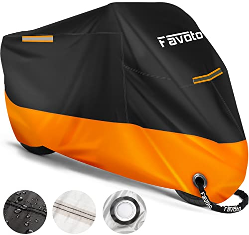 Favoto Housse de Protection Impermeable pour Moto Scooter Couverture Extérieur 210D Résistant aux déjections d'oiseaux, à la Poussière/Neige/Pluie, au Vent, Soleil, XXL 245x105x125cm Noir+Orange