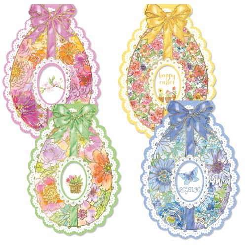 Current Deluxe Die Cut Easter Egg Value Greeting Card Set - Value Pack of 8 Cards for Kids & Adults With White Envelopes, 4 Design Prints, Large 5 x 7 Greetings