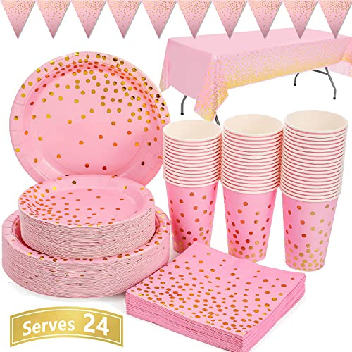 Duocute Pink und Gold Partygeschirr 99 Stück Golden Dot Partyteller Set Enthält Pappteller, Servietten, 9-Unzen-Tassen, Tischdecke, Banner, für Bachelorette, Mädchengeburtstag, Babyparty, Severs 24