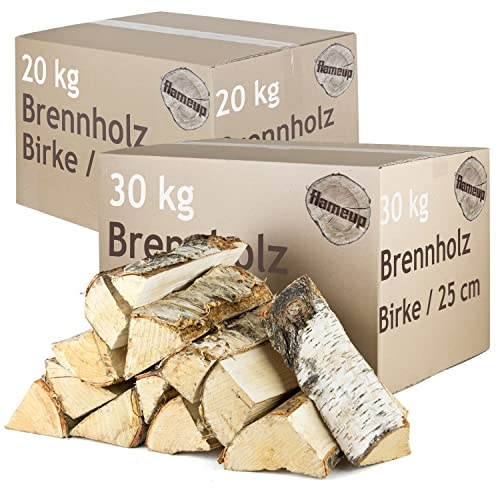 Bois de Chauffage Bois 50 kg pour poêles et cheminées Cheminée Bol à feu Grill Bois de Chauffage Bouleau Bois de Bouleau Bûches Bois 25 cm Flameup