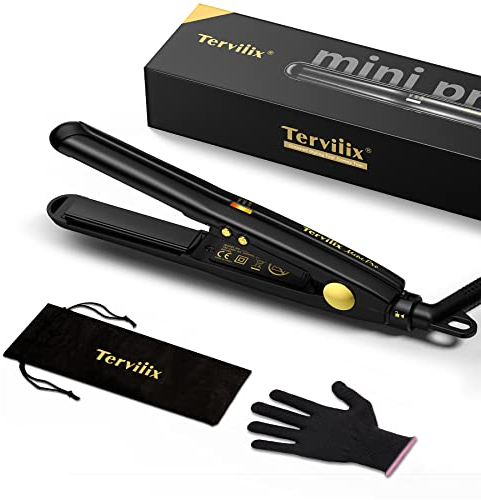 Terviiix Mini Glätteisen für kurze Haare, Tourmalin-Keramik kleiner Haarstraighter, Reisender Mini Haarstraighter mit Etui, automatische Abschaltung, Zweispannig, verstellbare Temperatur, Schwarz
