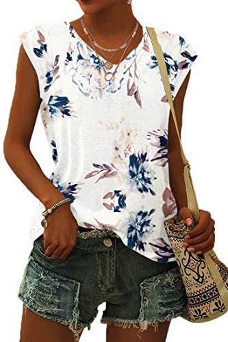 WNEEDU T Shirt Femme à Manches Courtes Tee Shirt Femme col V Hauts D'été Tops de Base Blouses Décontractés Fleur Blanche M