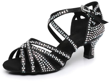 Rosefinch Zapatos de Baile Latino con Diamantes de imitación para Mujer, Moderno Pole Dance Baile de salón Negro 5cm Tacón 38EU