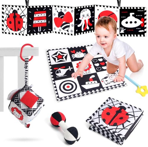 PQETBV Livre D'eveil Double Face en Tissu, Jouet Livre Tissu Montessori Bébé, 0-12 Mois Carte Noir et Blanc Bébé Cadeau Naissance Fille Garcon Jouet Sensoriel Hochet Bebe