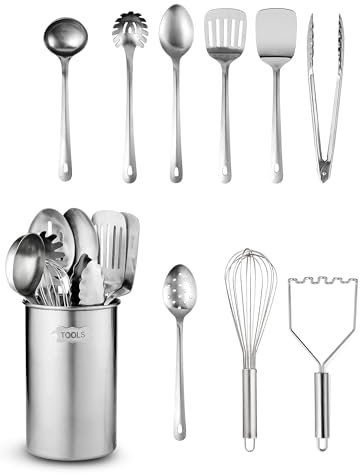 Set di utensili da cucina in acciaio inox, 10 pezzi di alta qualità, antiaderenti e resistenti al calore, con spatola, paletta per spaghetti, mestolo, cucchiai da portata, frusta, pinze,