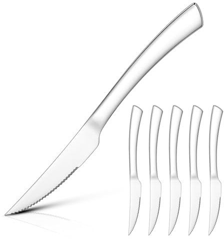 Onader Steak Knives Set of 6, Stainless Steel Serrated Kitchen Knives with Ergonomic Handle, Sharp Dinner Table Knives for Home Restaurant, Full Tang & Mirror Finished & Dishwasher Safe