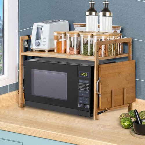 HUOLE Support pour Micro-Ondes, Étagère à Micro-Ondes, avec 4 haches et Support pour Planche à découper, Support Multifonction en Bois pour Cuisine-Porte-épices (2 Niveaux)