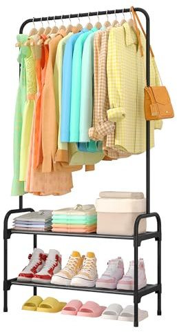 Sakugi Clothes Rail - Large Capacity Freestanding Clothes Rack with 2-Tier Shoe Organizer & Non-Slip Feet, Heavy-Duty Clothing Rail for Bedroom, Entrance, Laundry, 74 x 30 x 150cm, Black