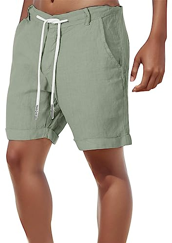 Generisch 2025 - Pantalones de playa de verano de lino Casual Fitness Bolsillos Bodybuilding Algodón Pantalones Cortos Hombre Pantalones Cortos Hombre Mujer Bañador Negro, verde, L