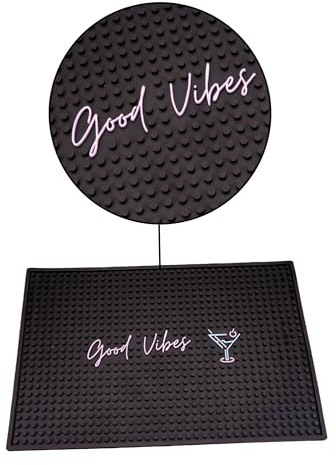Bar Buddy Tapis de bar en caoutchouc | 45 cm x 30 cm x 1 cm | Tapis de comptoir de qualité supérieure pour verrerie | Maison Bar Man Cave | PVC noir antidérapant | Bière et cocktails | Good Vibes