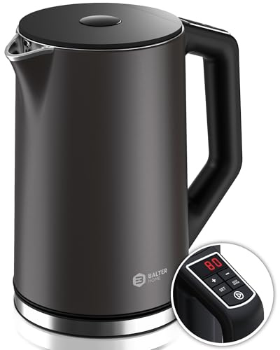 BALTER Edelstahl Wasserkocher mit Temperatureinstellung, 40°C-100°C, Doppelwand, BPA frei, leise & kabellos, Kettle, Teekocher mit Temperaturwahl, 1.5L, 2200W, Grau