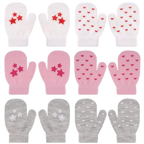 QKURT 6 par magiska stretchhandskar för barn, unisex stickade handskar, vinterhandskar för barn, varma handskar för pojkar och flickor i åldrarna 1–4 år, vardagskläder, Rosa vit grå, Taglia unica