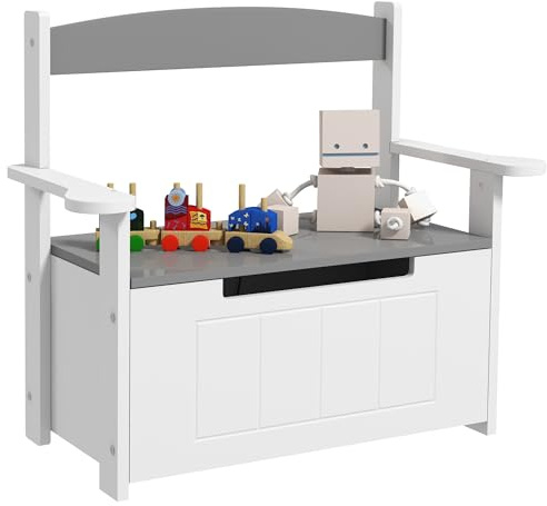AIYAPLAY Baúl para Juguetes Infantil, Banco Almacenaje para Niños, con Respaldo y Tapa Amortiguadora, Carga 30 kg, para Salas de Juego, Dormitorio, 68,5x34x58 cm, Gris y Blanco