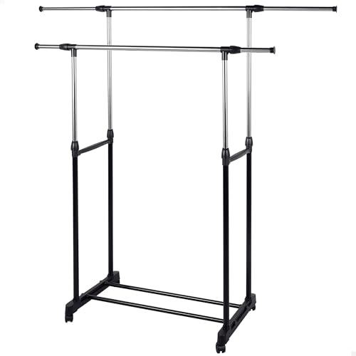 AKTIVE MAX Home Perchero de Ropa Altura Ajustable, 150x440x160 cm, Peso máximo soportado X, con balda para Zapatos, con Ruedas, Doble Barra, Extensible, Moderno, Negro y Acero, Minimalista (18806)