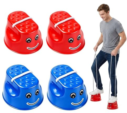 4 Stück Stelzen, Topfstelzen, Laufstelzen, Becherstelzen, Rot & Blau | 4 Stelzen in Rot & Blau: Topfstelzen, Laufstelzen & Becherstelzen. Fördert Balance & Koordination im Freien.